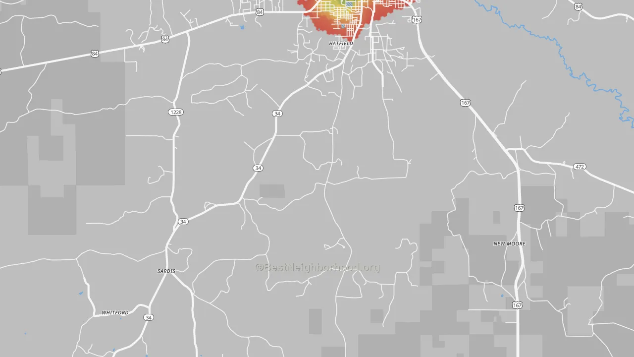 Walk Grade map of Curry, LA, walkable areas in green and car-dependent areas in red