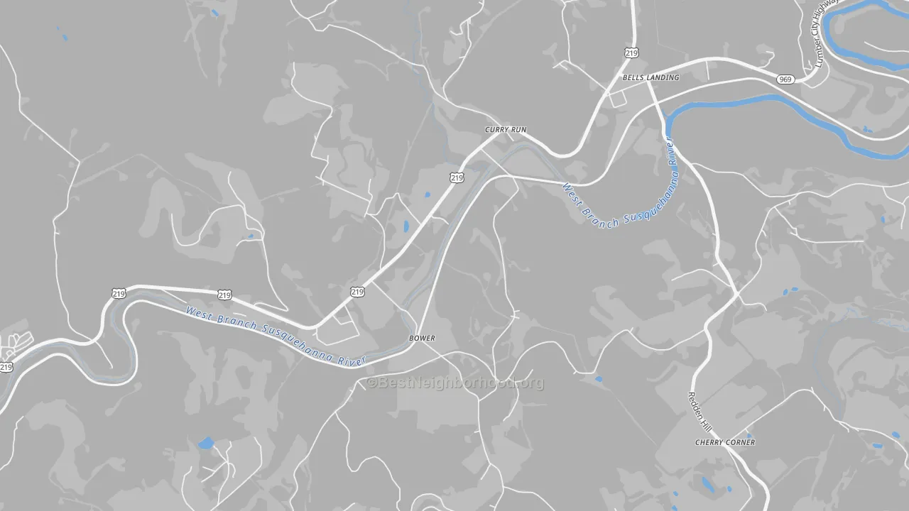 Walk Grade map of Curry Run, PA, walkable areas in green and car-dependent areas in red