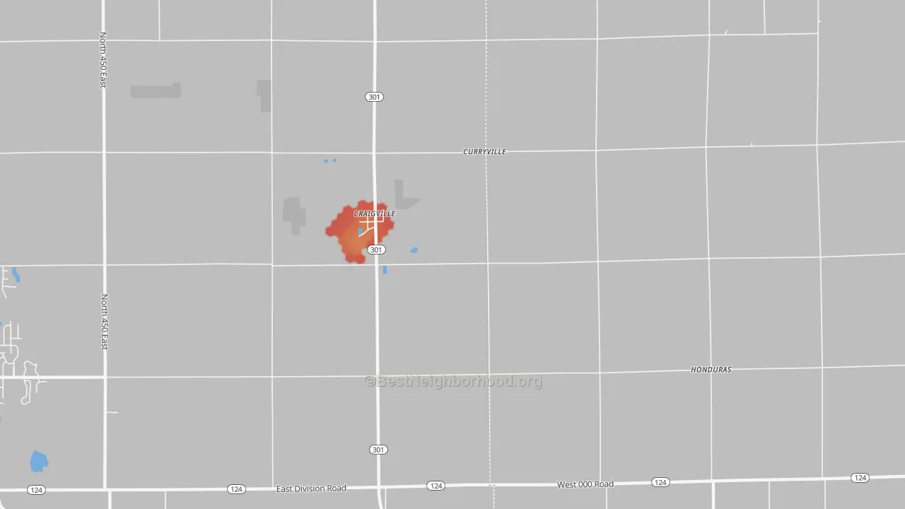 Walk Grade map of Curryville, IN, walkable areas in green and car-dependent areas in red