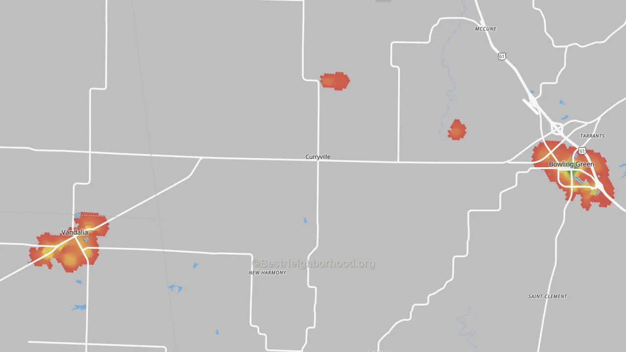 Walk Grade map of Curryville, MO, walkable areas in green and car-dependent areas in red