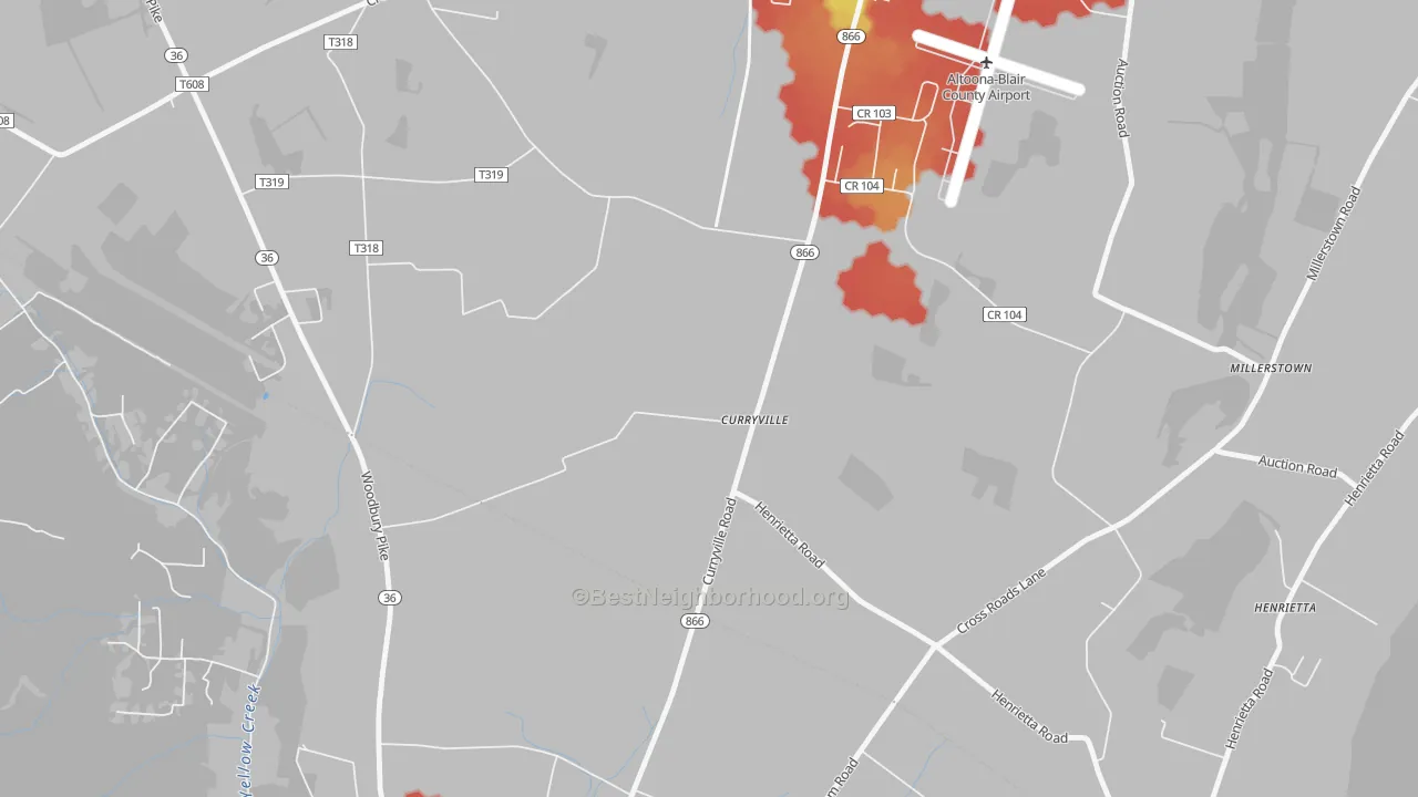 Walk Grade map of Curryville, PA, walkable areas in green and car-dependent areas in red