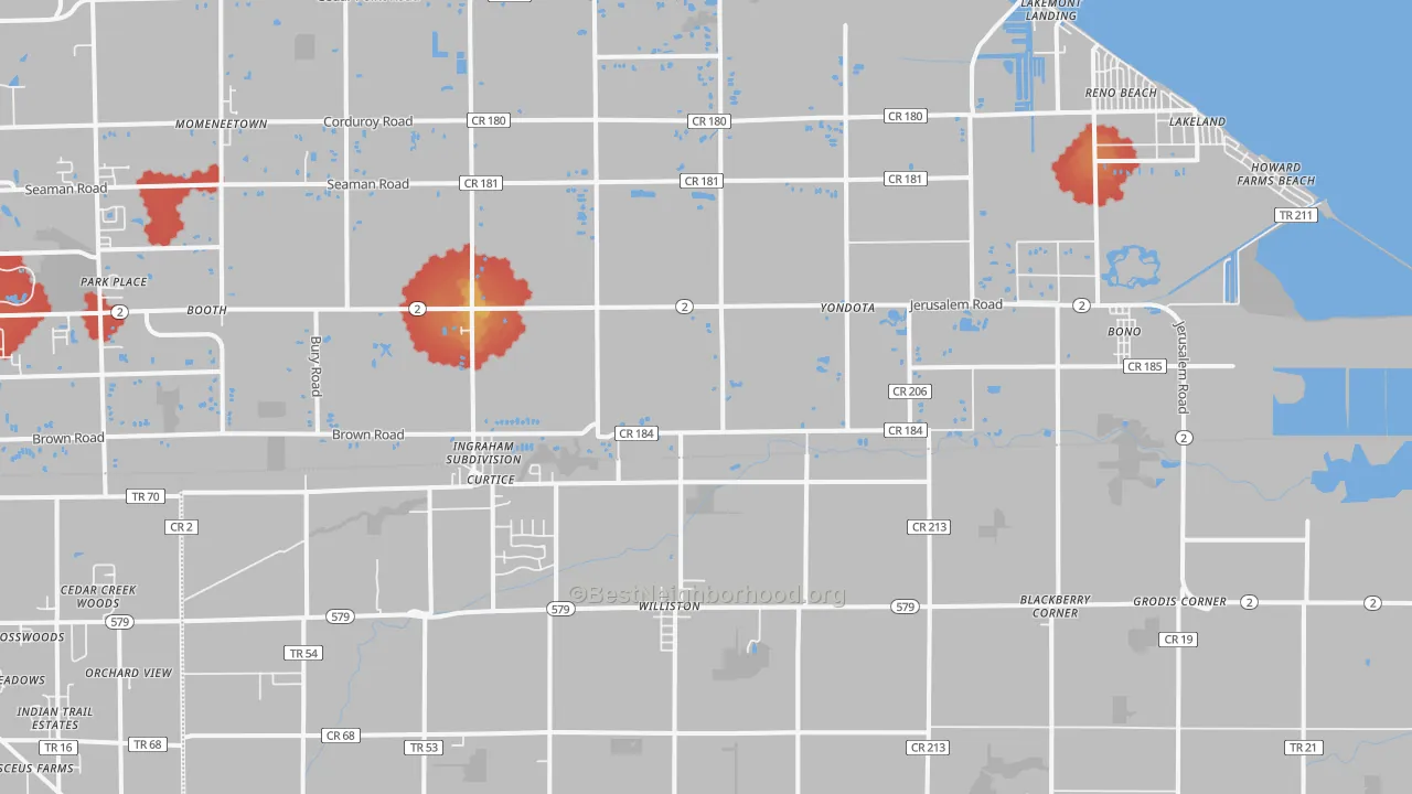 Walk Grade map of Curtice, OH, walkable areas in green and car-dependent areas in red