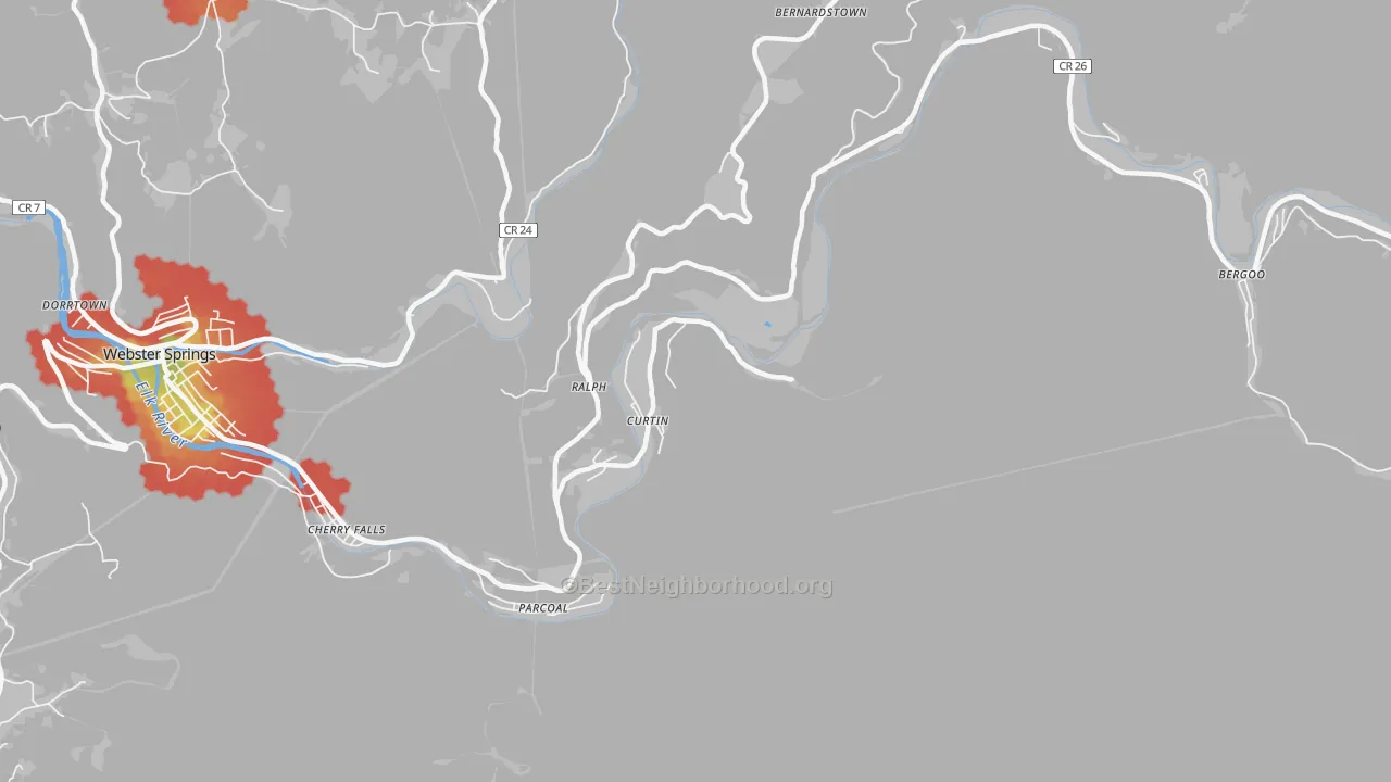 Walk Grade map of Curtin, WV, walkable areas in green and car-dependent areas in red