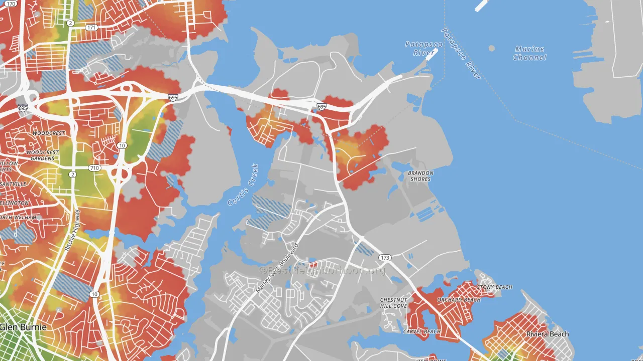Walk Grade map of Curtis Bay, MD, walkable areas in green and car-dependent areas in red