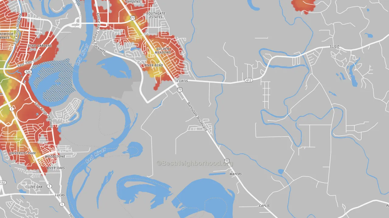 Walk Grade map of Curtis, LA, walkable areas in green and car-dependent areas in red