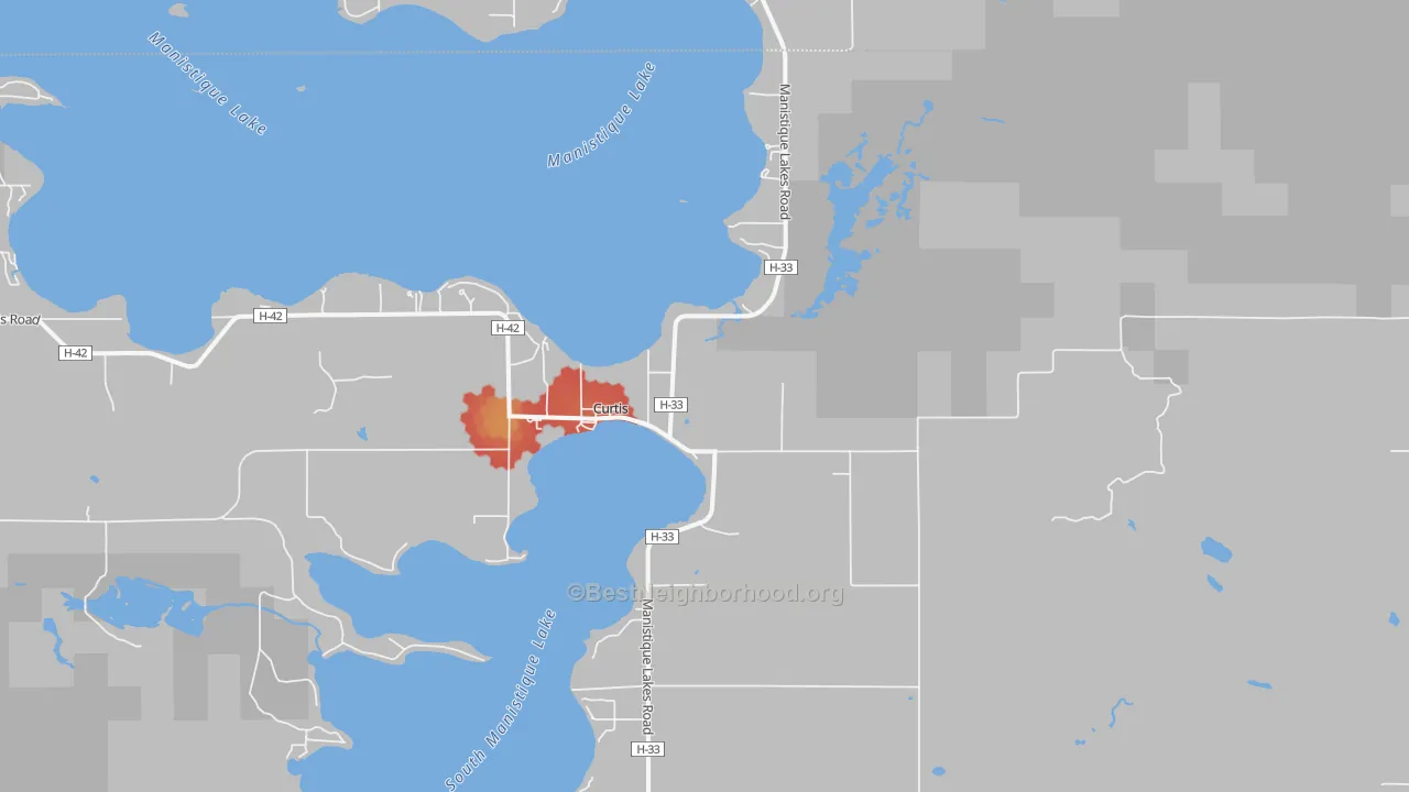 Walk Grade map of Curtis, MI, walkable areas in green and car-dependent areas in red