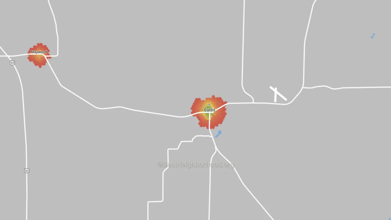 Walk Grade map of Curtis, NE, walkable areas in green and car-dependent areas in red