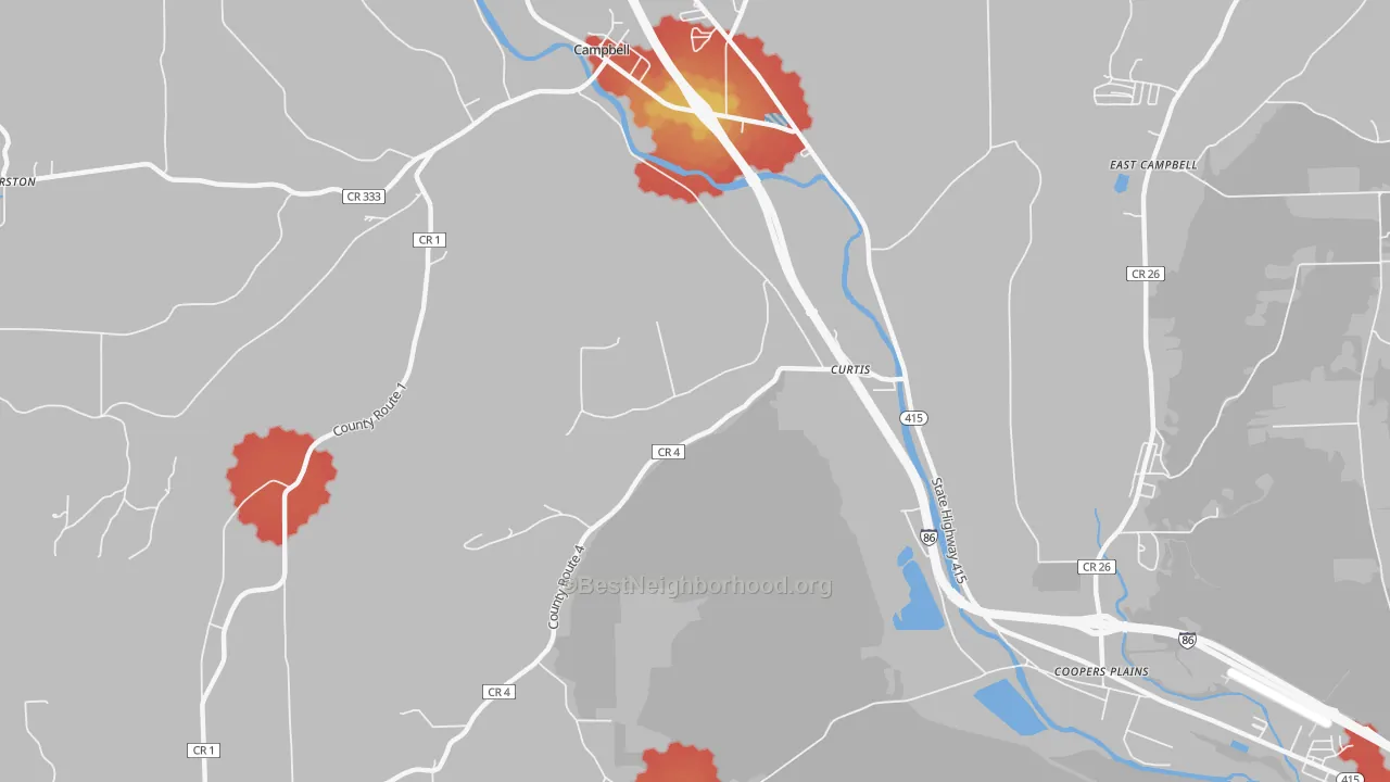 Walk Grade map of Curtis, NY, walkable areas in green and car-dependent areas in red