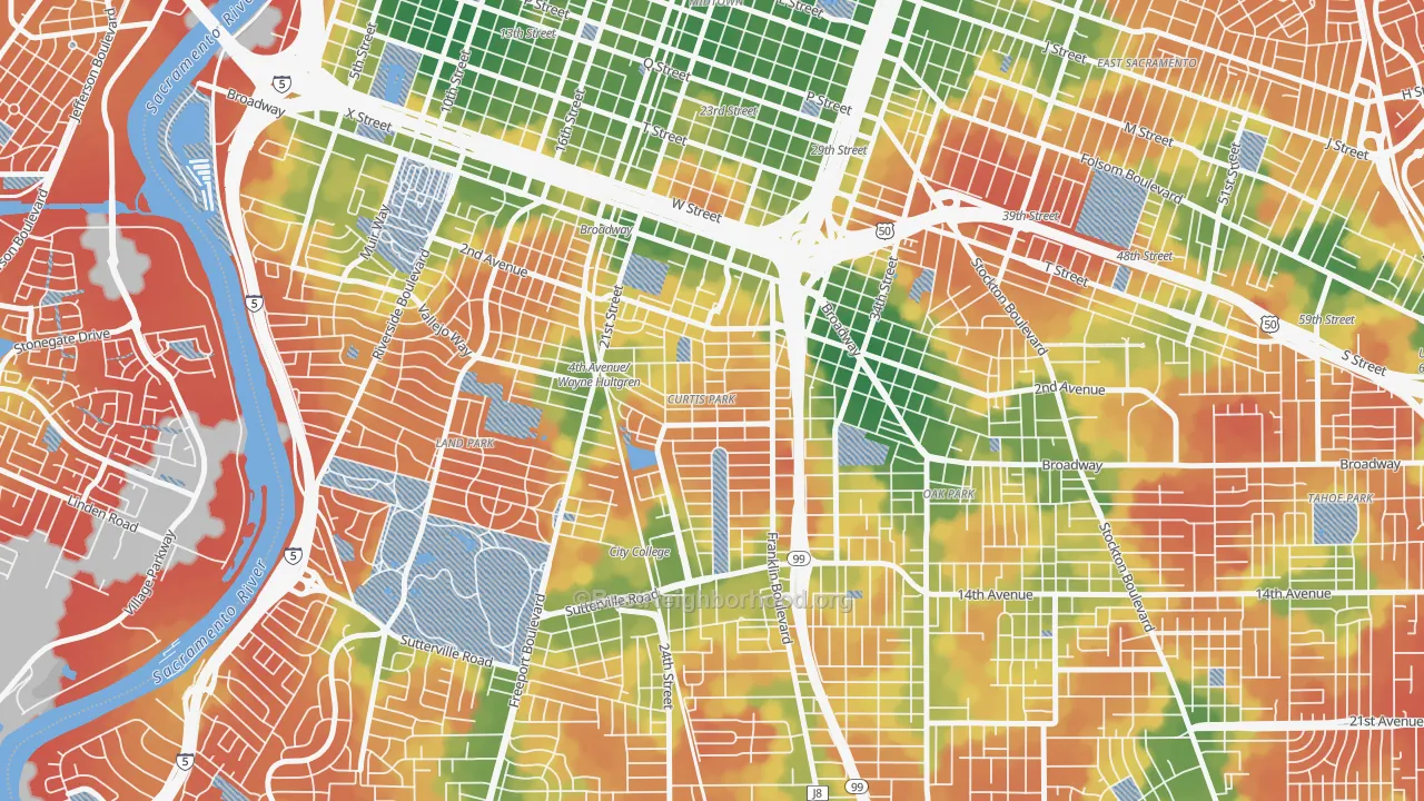 Walk Grade map of Curtis Park, Sacramento, CA, walkable areas in green and car-dependent areas in red