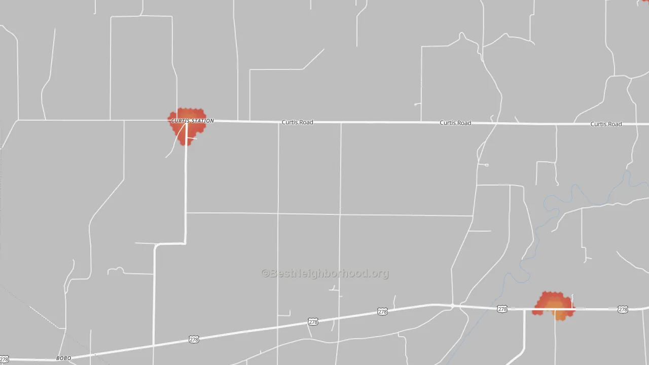 Walk Grade map of Curtis Station, MS, walkable areas in green and car-dependent areas in red