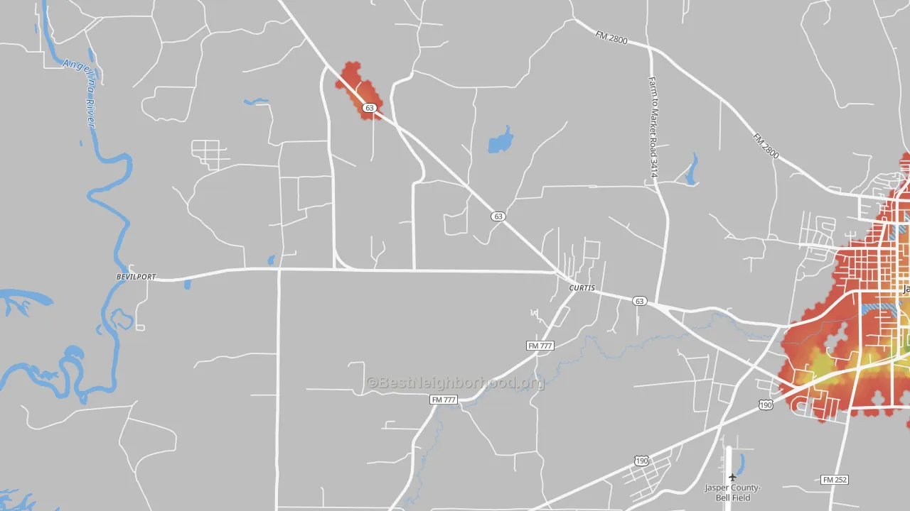 Walk Grade map of Curtis, TX, walkable areas in green and car-dependent areas in red