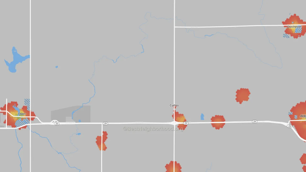 Walk Grade map of Curtiss, WI, walkable areas in green and car-dependent areas in red