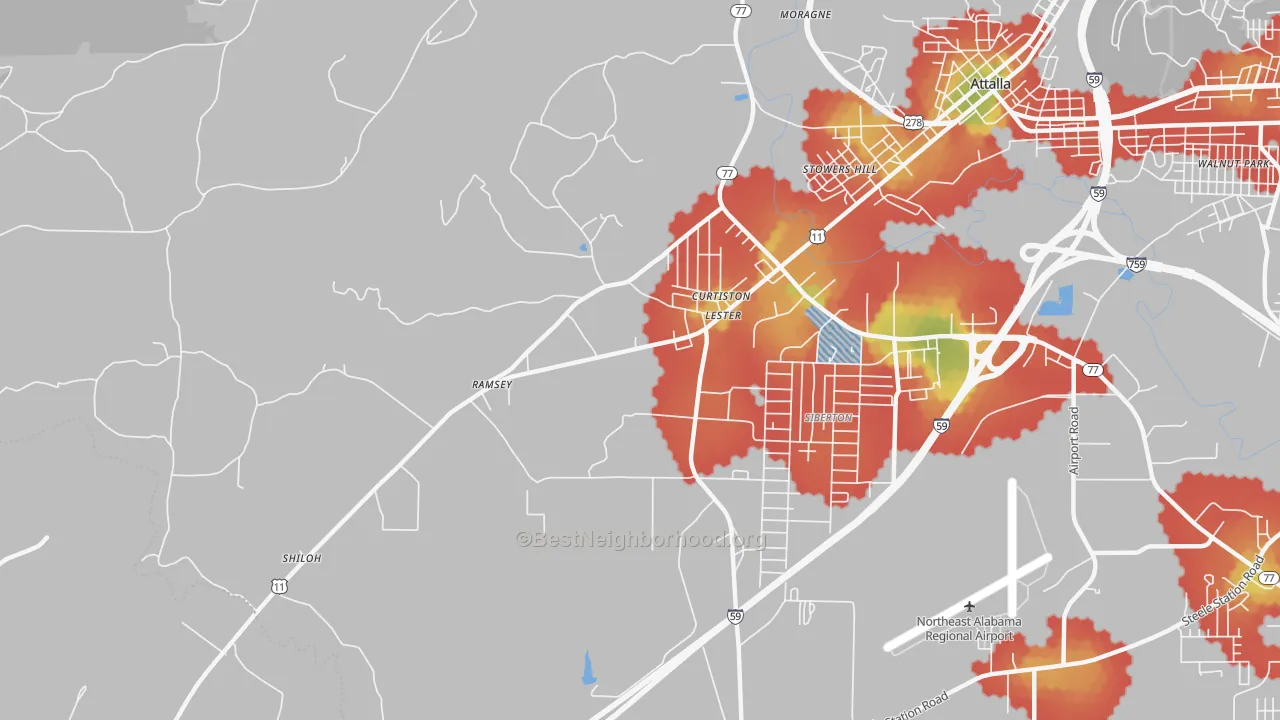 Walk Grade map of Curtiston, AL, walkable areas in green and car-dependent areas in red