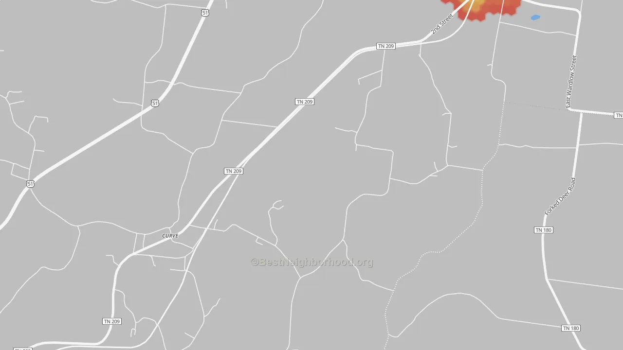 Walk Grade map of Curve, TN, walkable areas in green and car-dependent areas in red