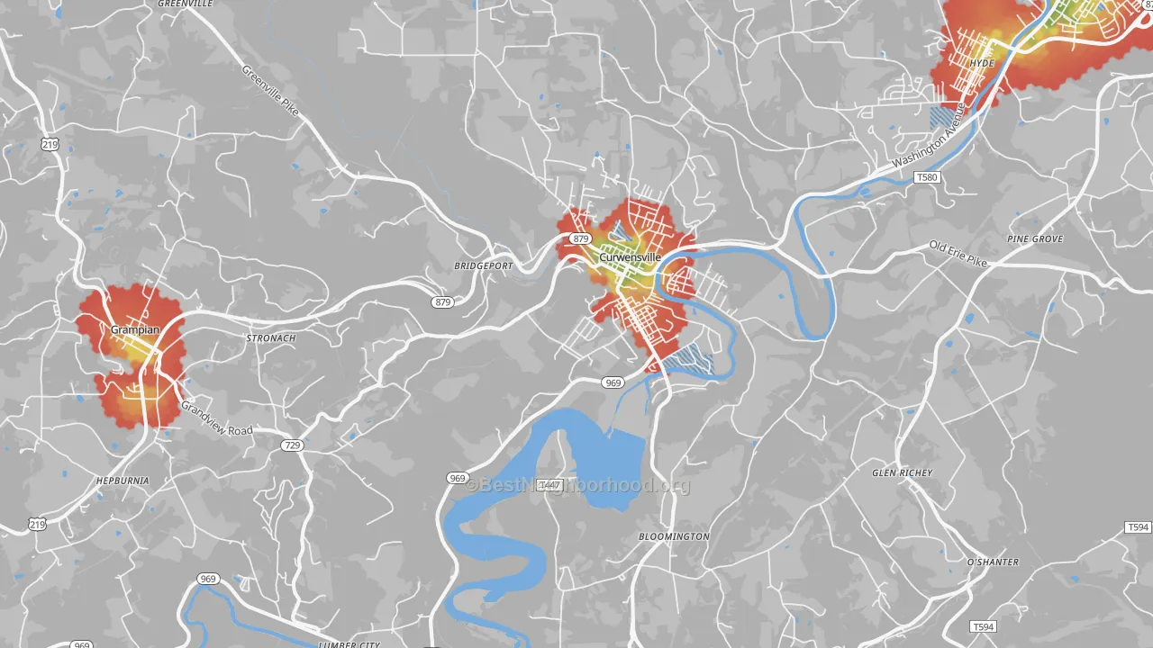 Walk Grade map of Curwensville, PA, walkable areas in green and car-dependent areas in red