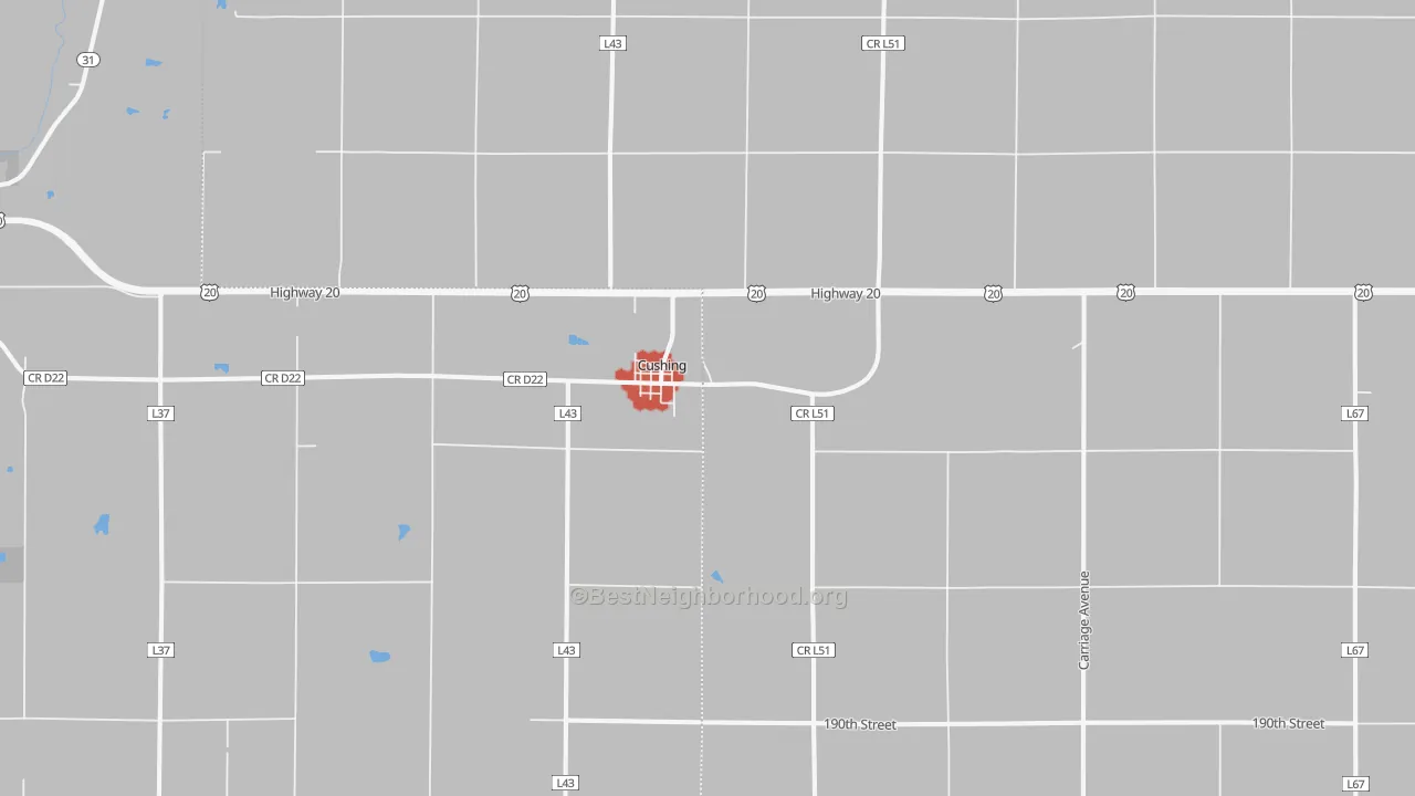 Walk Grade map of Cushing, IA, walkable areas in green and car-dependent areas in red