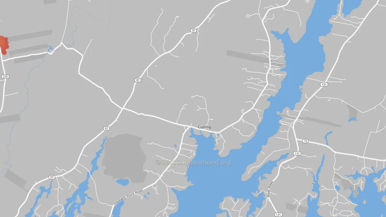 Walk Grade map of Cushing, ME, walkable areas in green and car-dependent areas in red