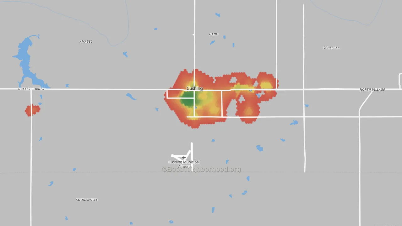 Walk Grade map of Cushing, OK, walkable areas in green and car-dependent areas in red
