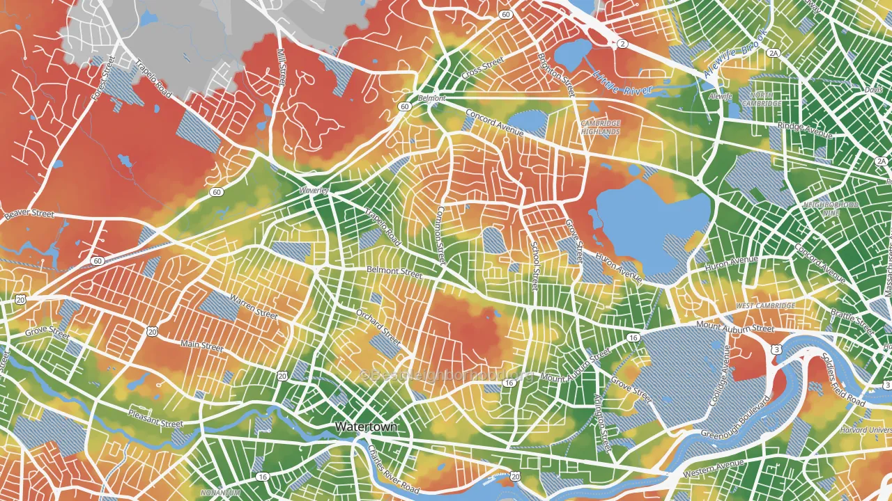 Walk Grade map of Cushing Square, Belmont, MA, walkable areas in green and car-dependent areas in red