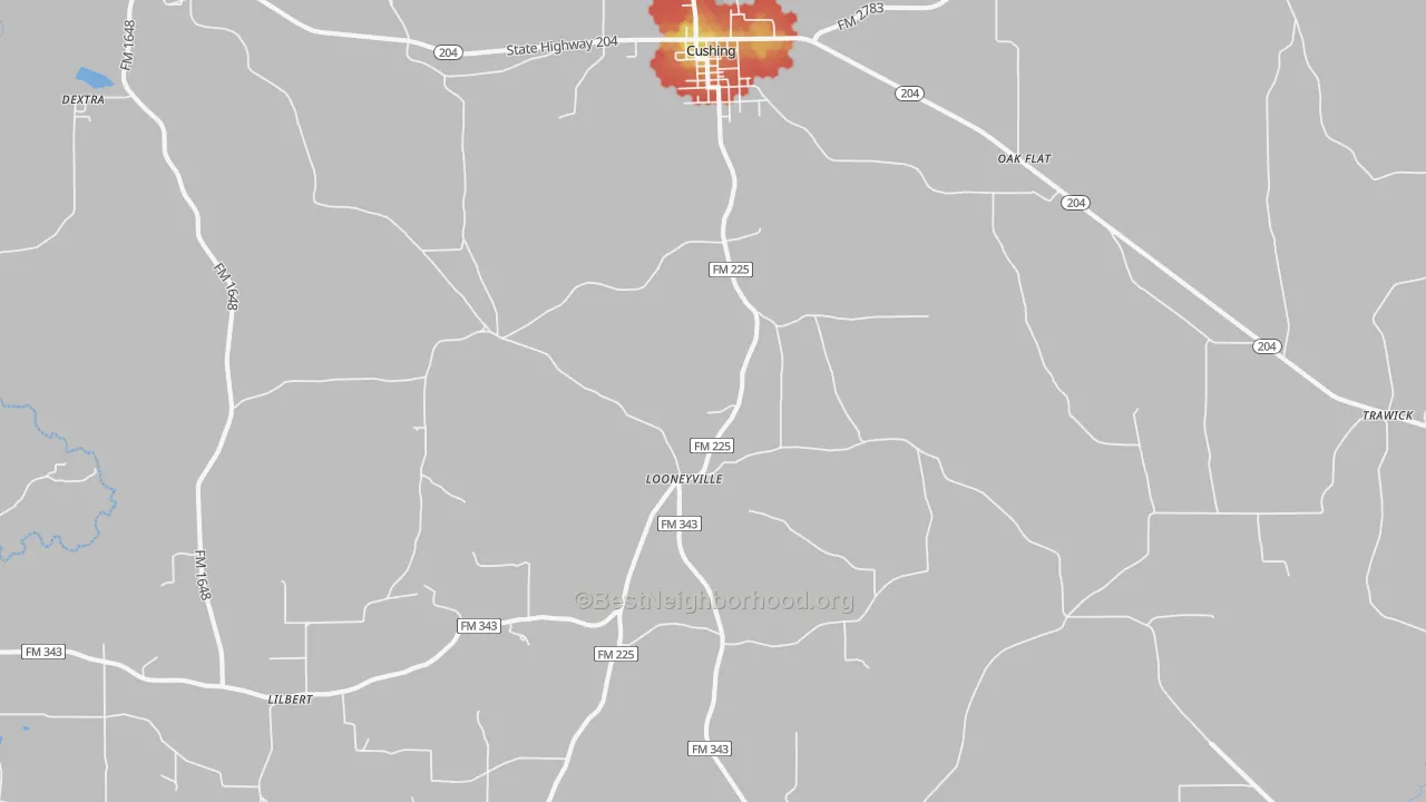 Walk Grade map of Cushing, TX, walkable areas in green and car-dependent areas in red