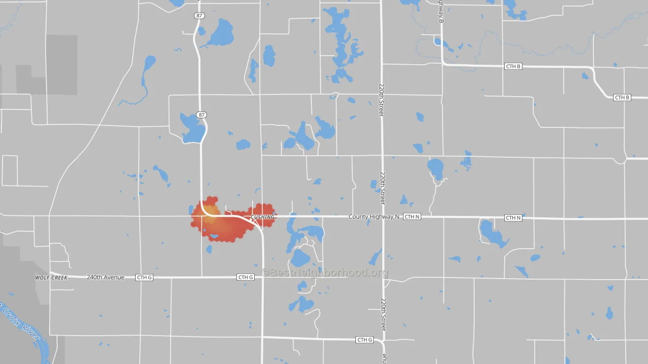 Walk Grade map of Cushing, WI, walkable areas in green and car-dependent areas in red