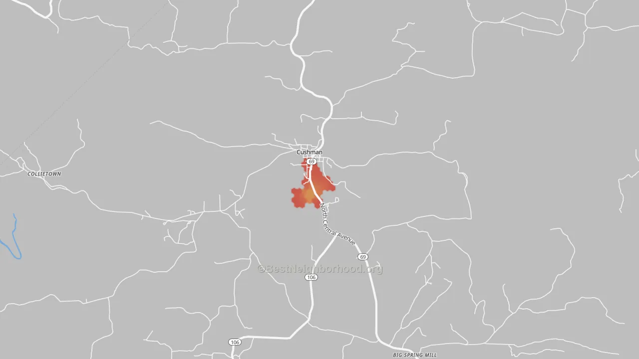 Walk Grade map of Cushman, AR, walkable areas in green and car-dependent areas in red