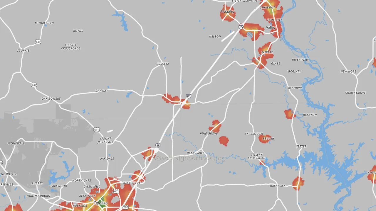 Walk Grade map of Cusseta, AL, walkable areas in green and car-dependent areas in red