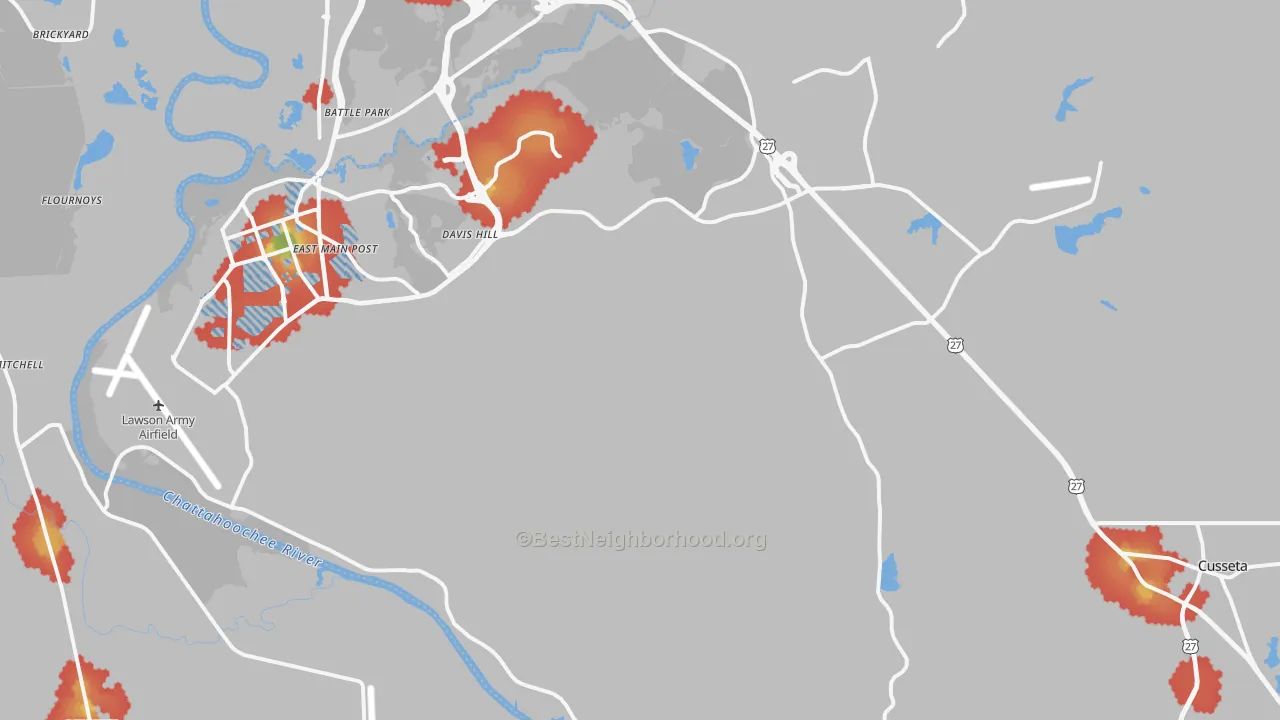 Walk Grade map of Cusseta, GA, walkable areas in green and car-dependent areas in red