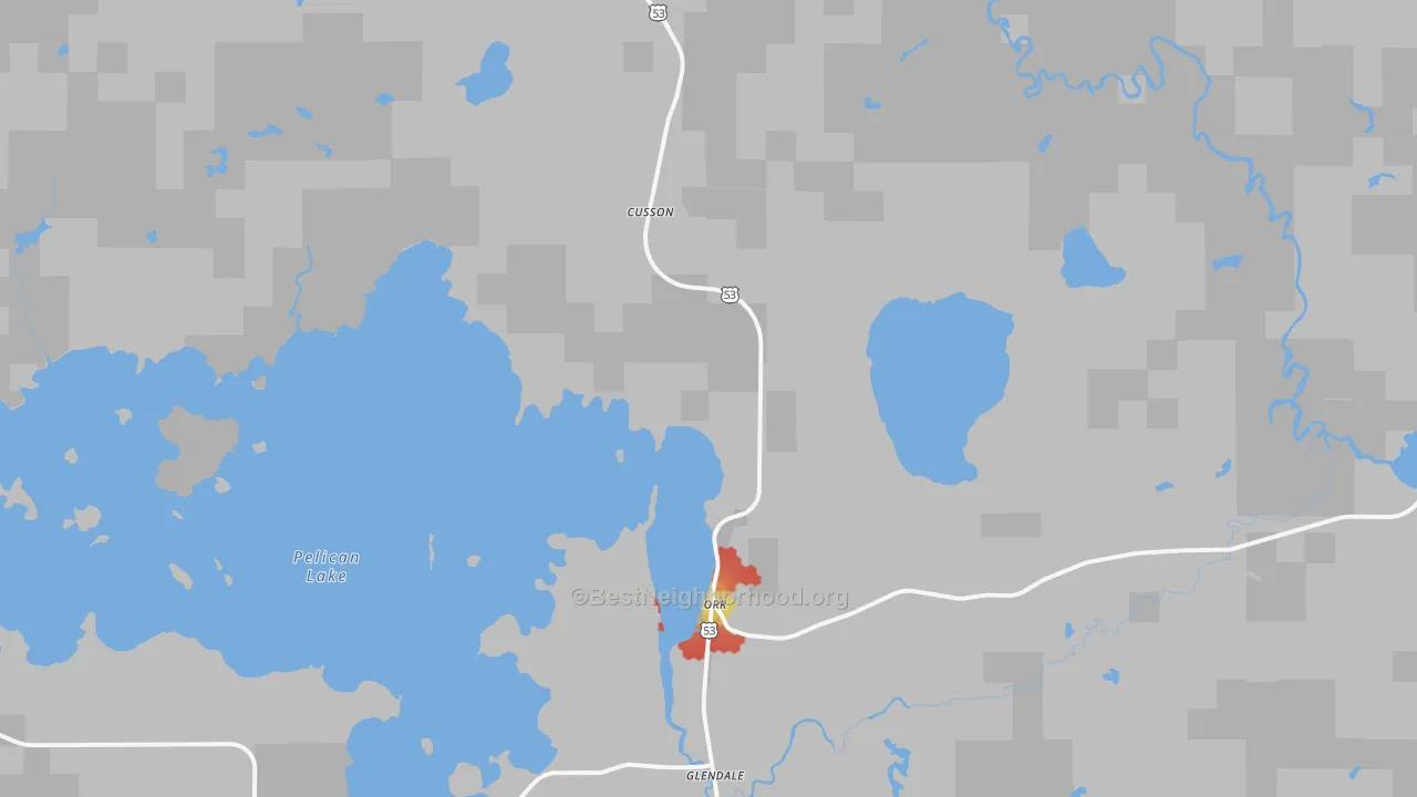 Walk Grade map of Cusson, MN, walkable areas in green and car-dependent areas in red
