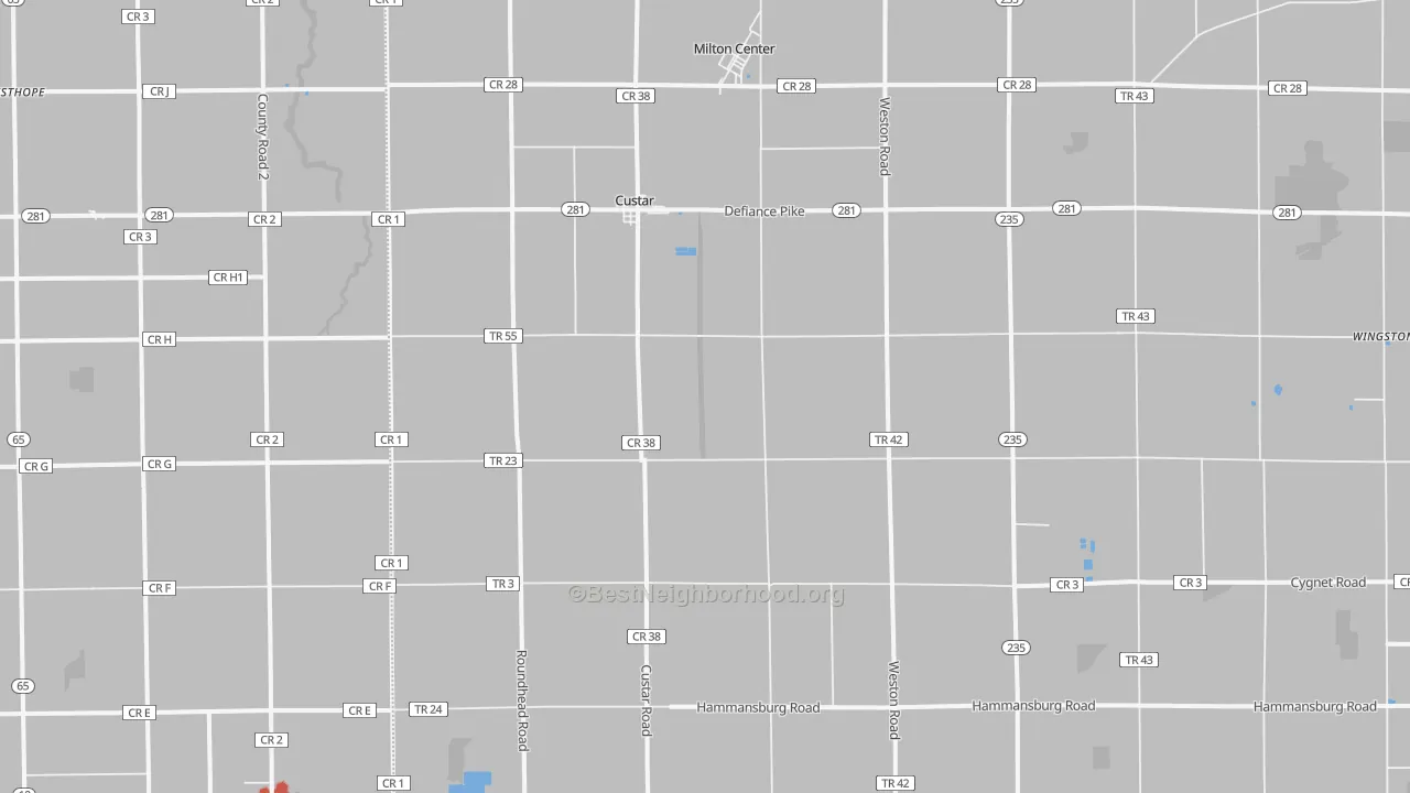 Walk Grade map of Custar, OH, walkable areas in green and car-dependent areas in red