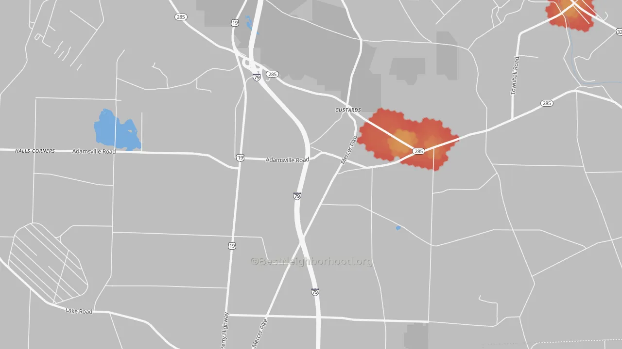 Walk Grade map of Custards, PA, walkable areas in green and car-dependent areas in red