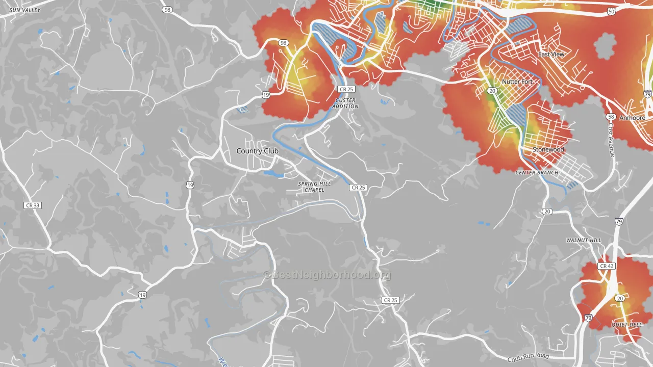Walk Grade map of Custer Addition, WV, walkable areas in green and car-dependent areas in red