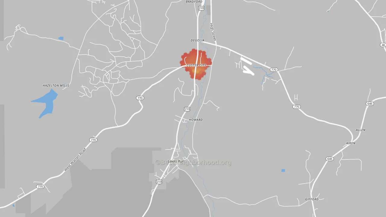 Walk Grade map of Custer City, PA, walkable areas in green and car-dependent areas in red