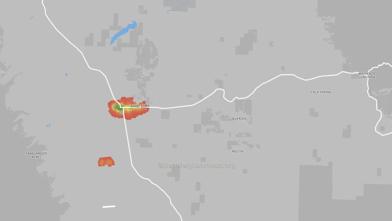 Walk Grade map of Custer County, CO, walkable areas in green and car-dependent areas in red