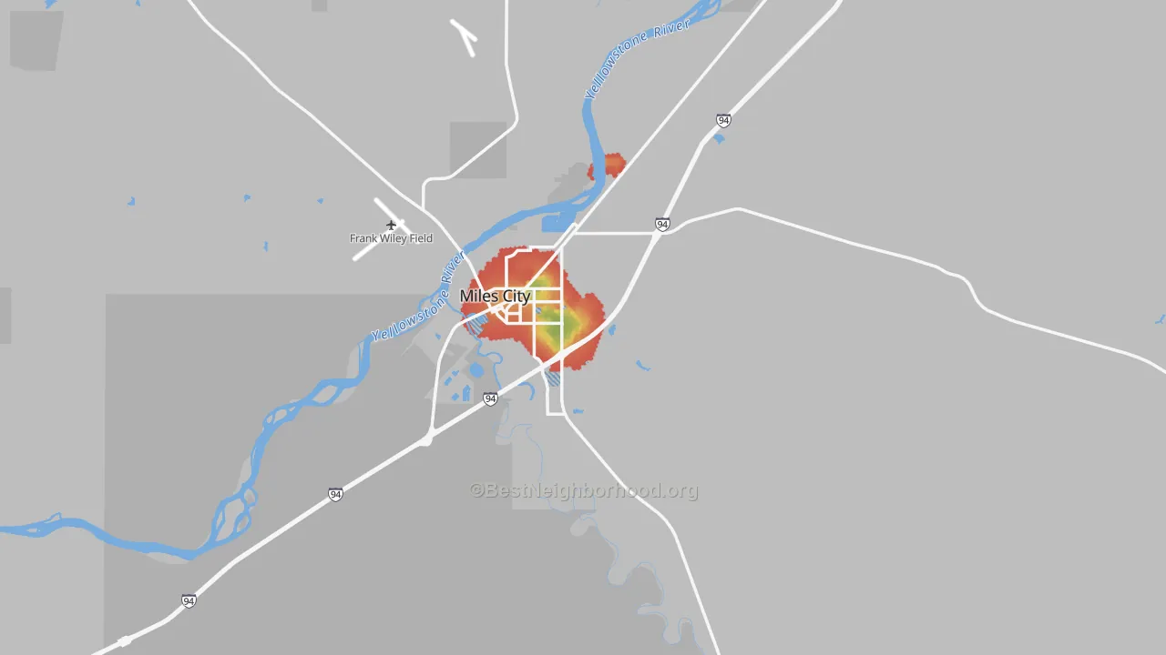 Walk Grade map of Custer County, MT, walkable areas in green and car-dependent areas in red