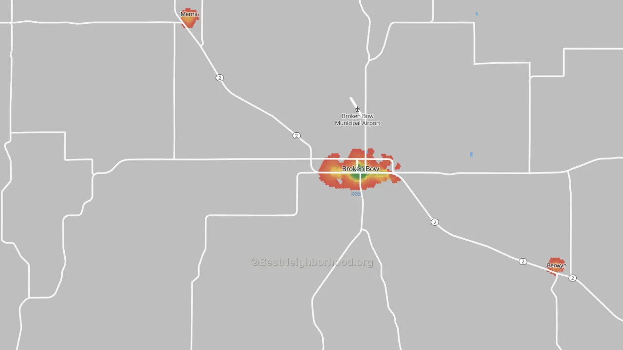 Walk Grade map of Custer County, NE, walkable areas in green and car-dependent areas in red