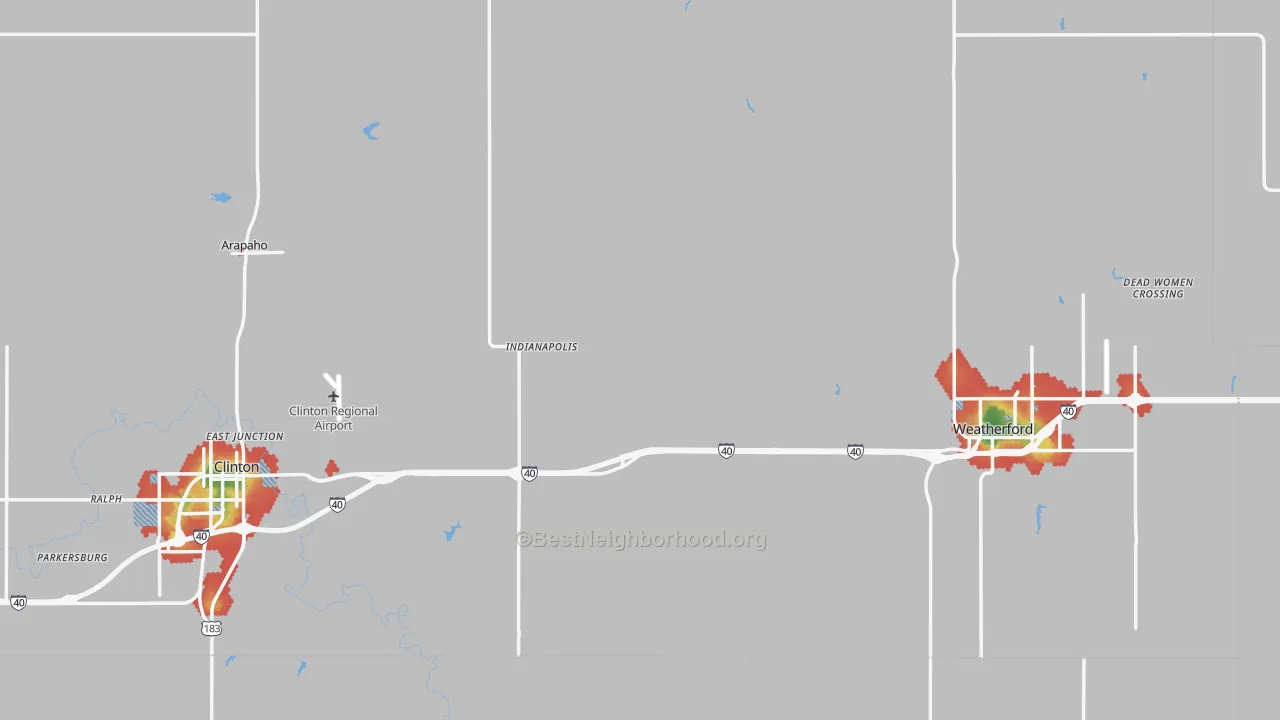 Walk Grade map of Custer County, OK, walkable areas in green and car-dependent areas in red