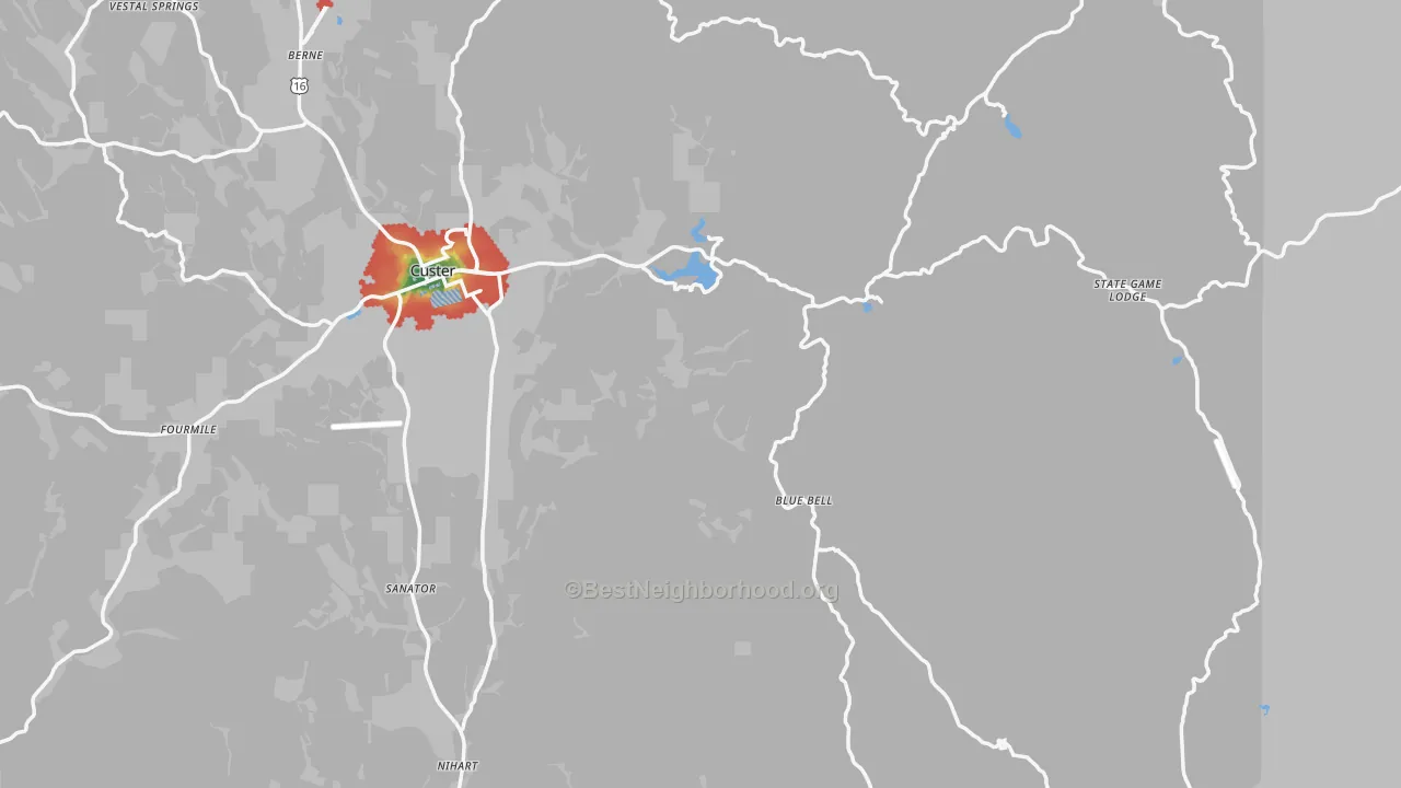 Walk Grade map of Custer County, SD, walkable areas in green and car-dependent areas in red