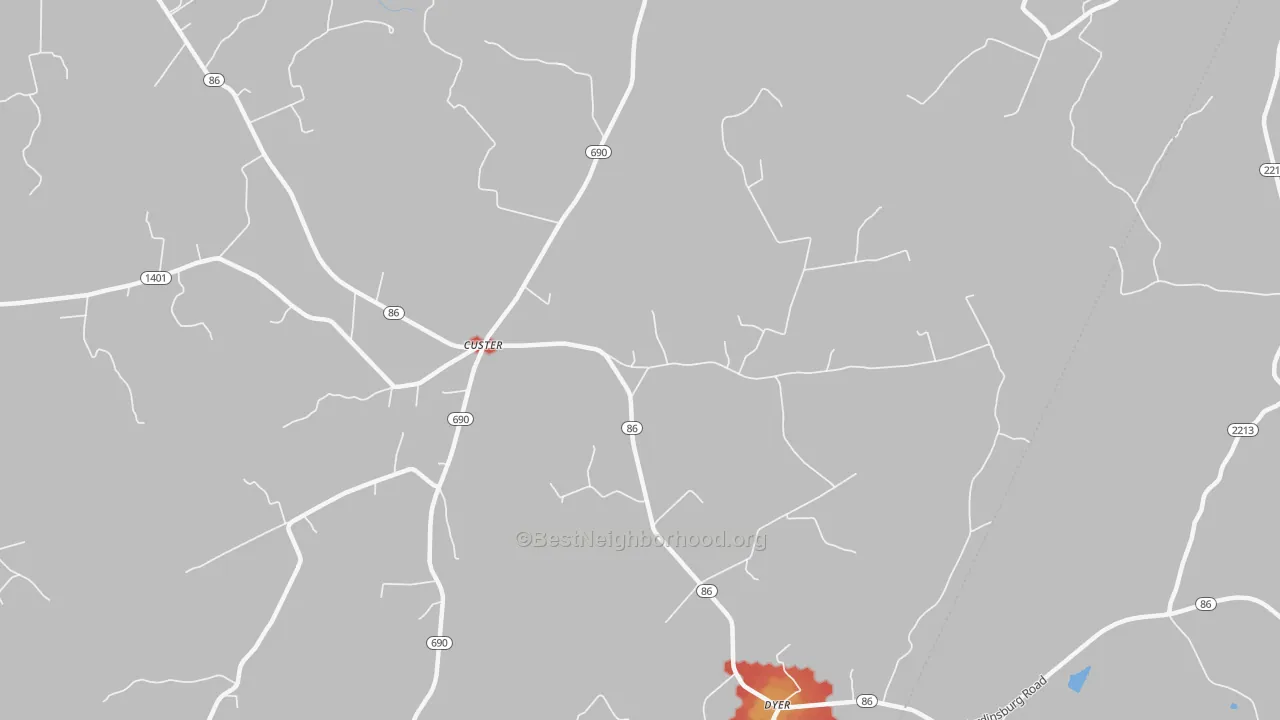 Walk Grade map of Custer, KY, walkable areas in green and car-dependent areas in red