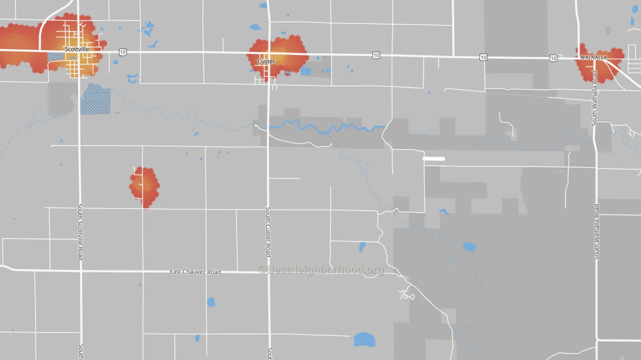 Walk Grade map of Custer, MI, walkable areas in green and car-dependent areas in red