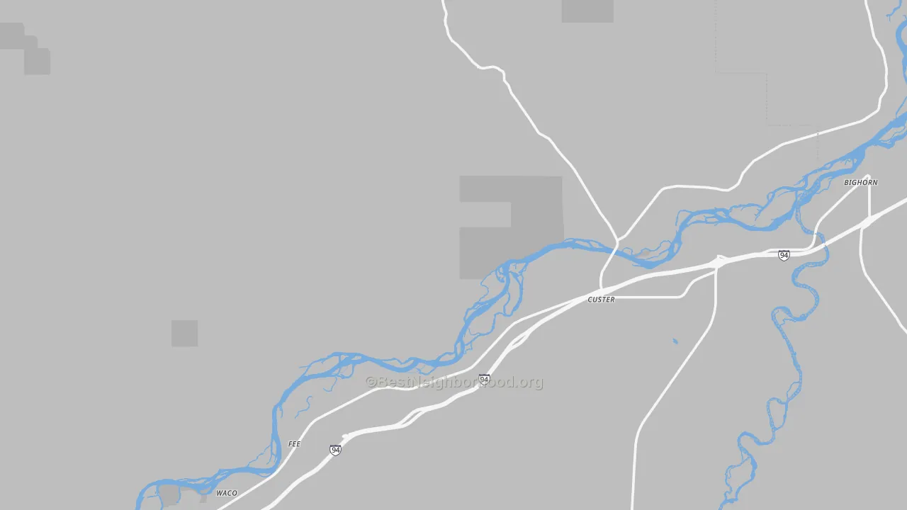 Walk Grade map of Custer, MT, walkable areas in green and car-dependent areas in red