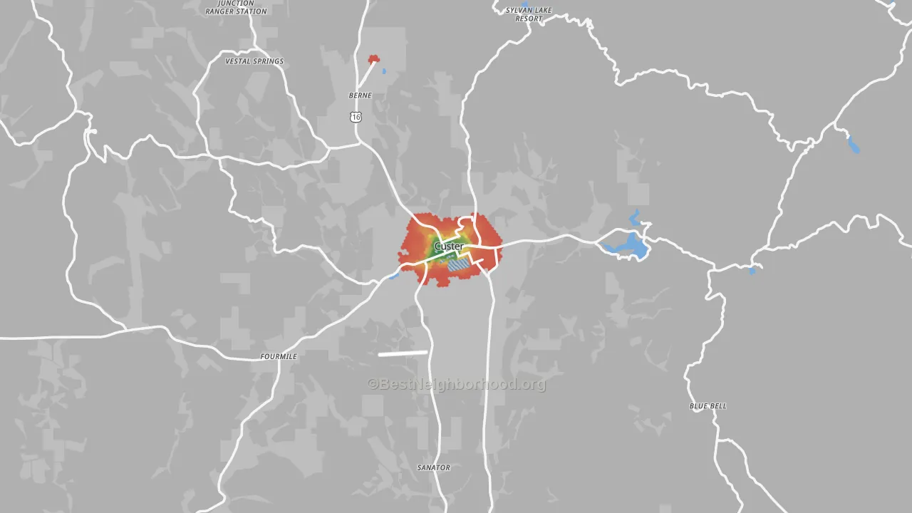Walk Grade map of Custer, SD, walkable areas in green and car-dependent areas in red