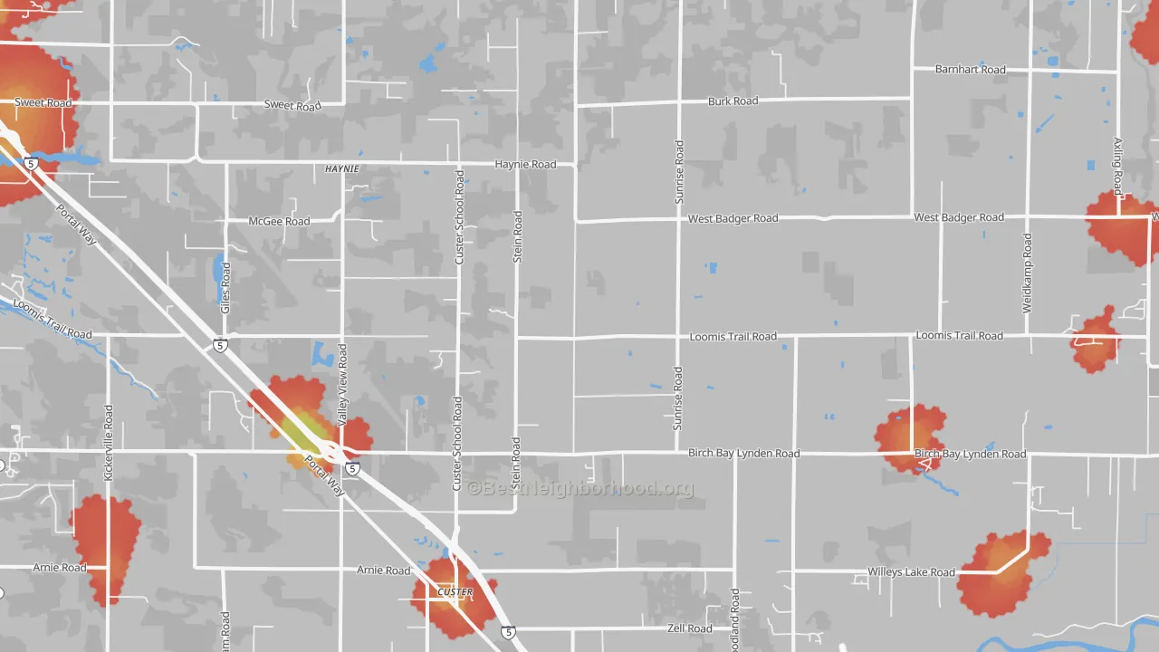 Walk Grade map of Custer, WA, walkable areas in green and car-dependent areas in red