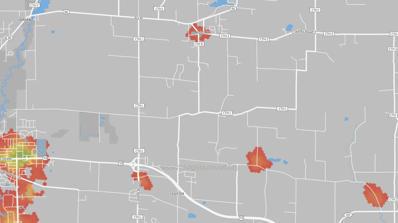 Walk Grade map of Custer, WI, walkable areas in green and car-dependent areas in red