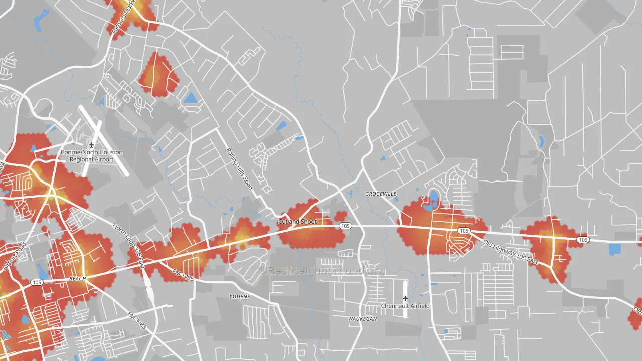 Walk Grade map of Cut and Shoot, TX, walkable areas in green and car-dependent areas in red