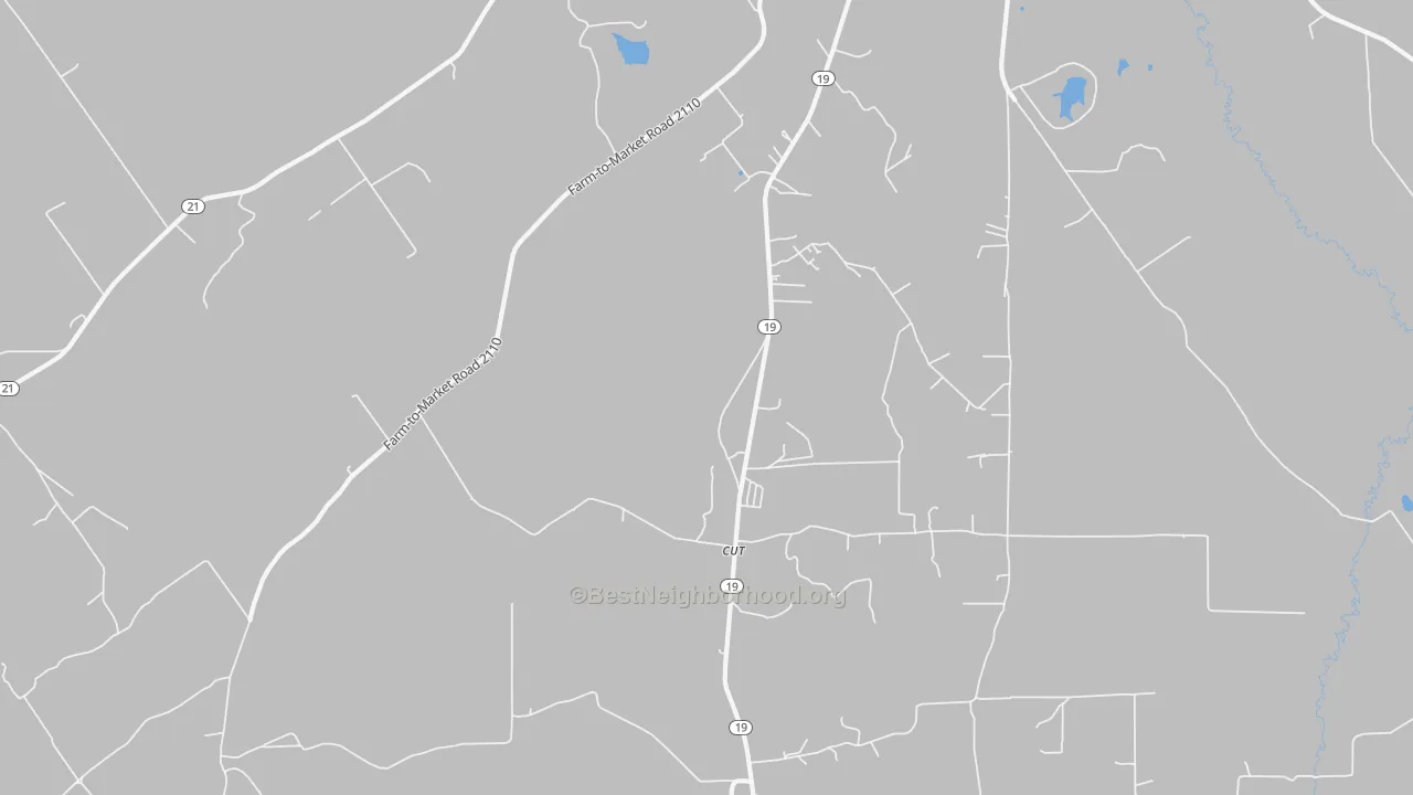 Walk Grade map of Cut, TX, walkable areas in green and car-dependent areas in red