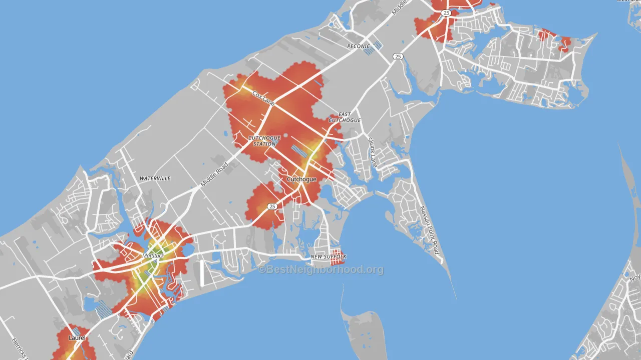 Walk Grade map of Cutchogue, NY, walkable areas in green and car-dependent areas in red