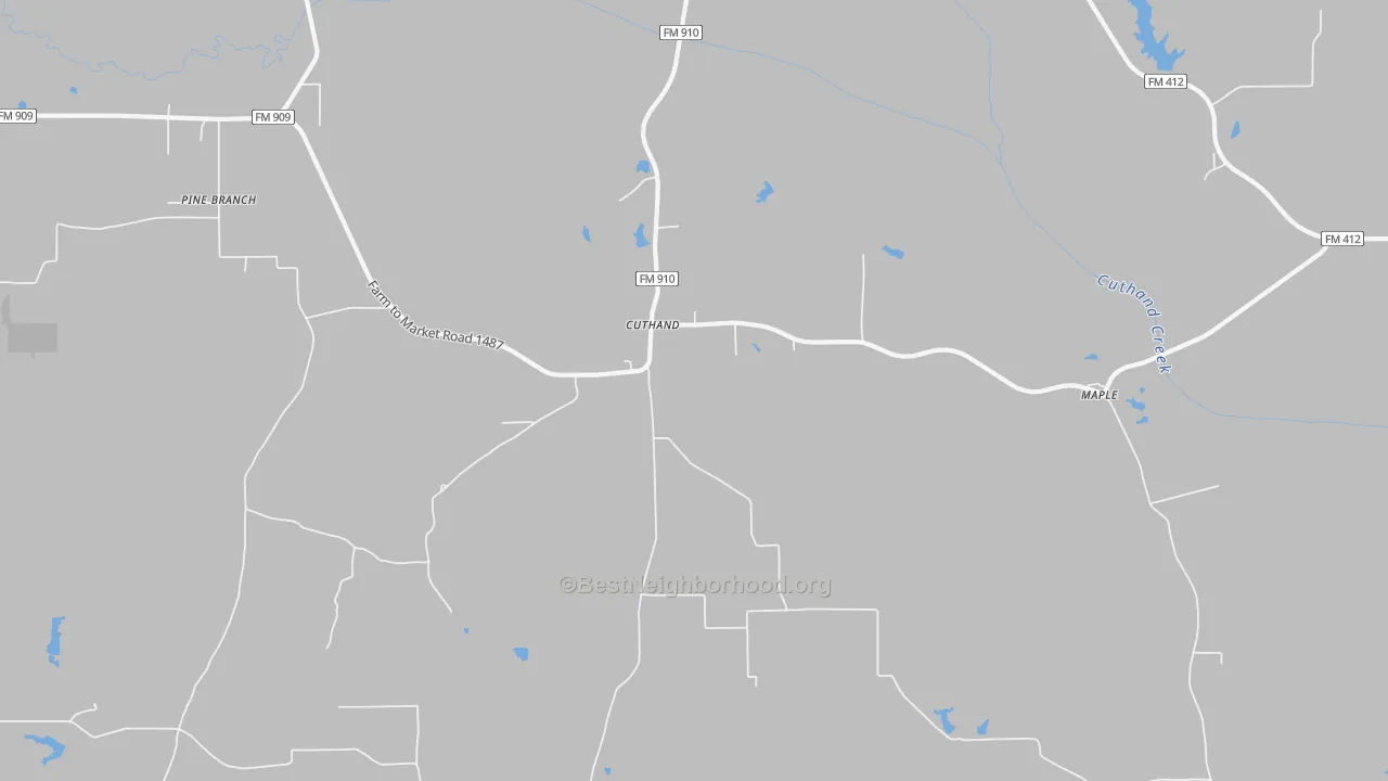 Walk Grade map of Cuthand, TX, walkable areas in green and car-dependent areas in red