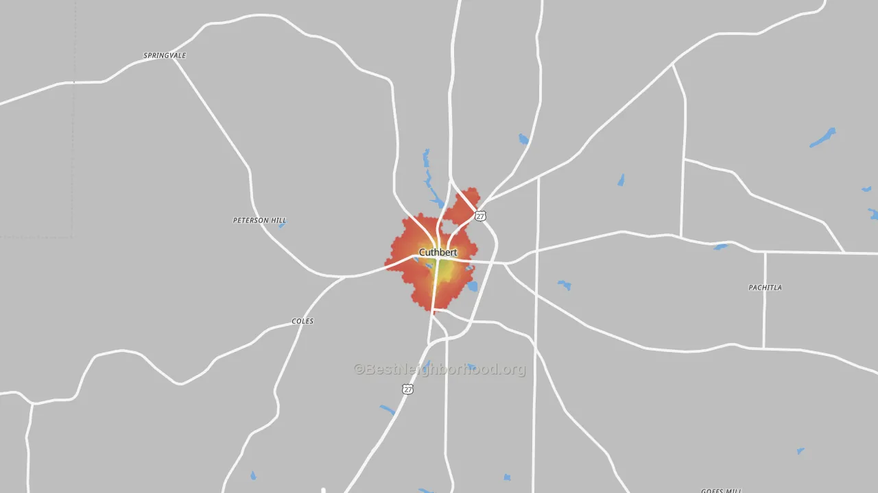 Walk Grade map of Cuthbert, GA, walkable areas in green and car-dependent areas in red
