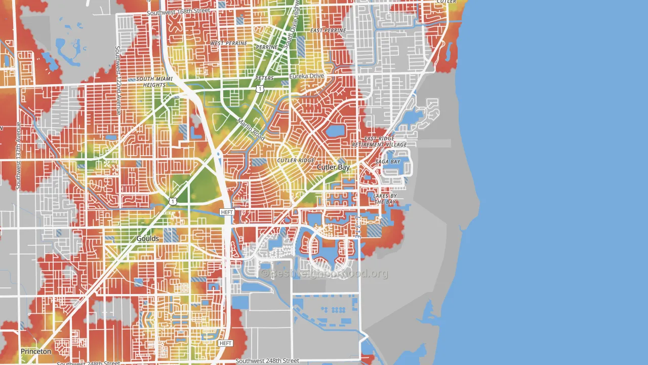 Walk Grade map of Cutler Bay, FL, walkable areas in green and car-dependent areas in red